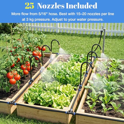 GOTGELIF 100FT Drip Irrigation Kit, with 25Pcs 360° Adjustable Nozzles, 5/16" Tubing, 30 T-connectors, Water-Saving System, Garden Watering Sprinkler for Greenhouse, Vegetable,Potted Plants, Lawn - size: 100FT+25 Nozzles