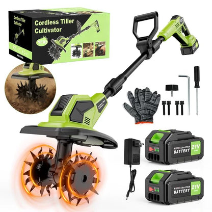 Cordless Tiller Cultivator, 21V Lightweight Tiller forGardening with 2 * Batteries, Brushless Electric Tiller with48 Steel Tines, 400RPM, 9.5" Tilling Width, 7" Depth forGardening, Soil Turning