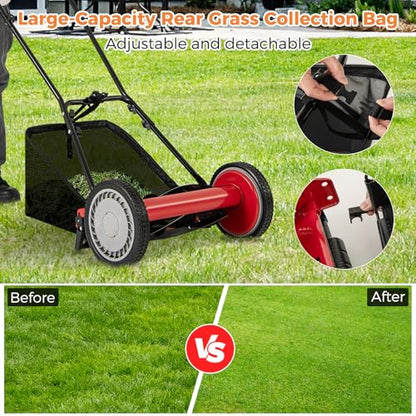 16" Manual Rear Mower, Push Lawn Mower with 5 Steel Blades, Adjustable Cutting Heights & Grass Catcher Bag, Walk-Behind Grass Cutter Lawn Sweeper for Garden, Park & Yard (Red) - color: Red, size: 16"