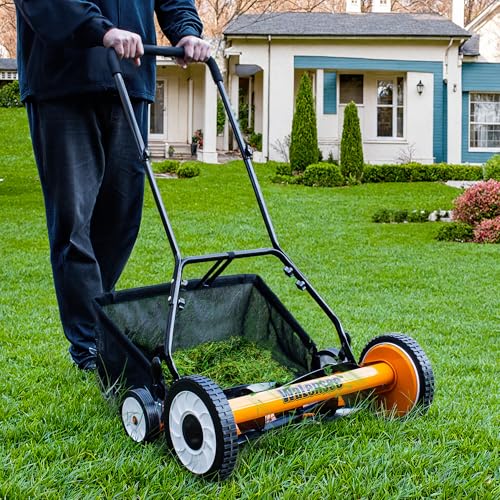Walensee 20-Inch 5-Blade Push Reel Lawn Mower, Cordless Manual Reel Lawn Mower Walk-Behind Steel Lawn Mowers with Removable 11.8-Gallon Grass Catcher, Sponge Grip, 9-Position Cutting Height Adjustment - size: 20-Inch With Catcher