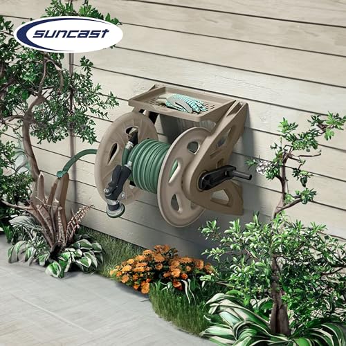Suncast Handler Durable Hard Plastic Wall Mounted Outdoor Retractable Garden Hose Reel with Storage Tray and 200 Feet Hose Capacity, Taupe
