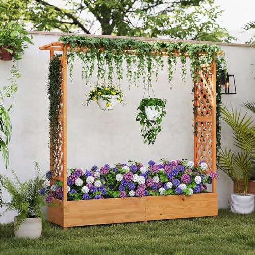 Giantex Raised Garden Bed with Trellis & Hanging Roof, Wood Planter Box with Bottom and Drainage Holes, Freestanding Garden Planter for Flower Vegetable Fruit Herb Climbing Vines, 77"x17"x70"