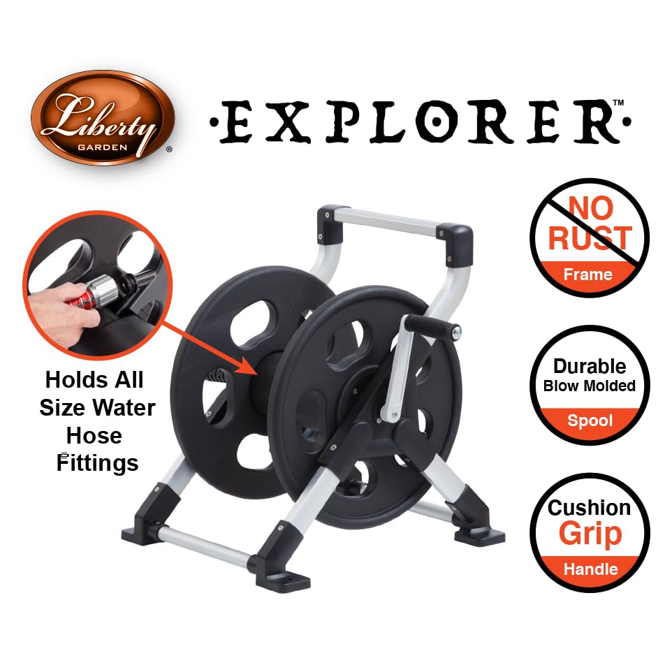 Liberty Garden 306 Explorer Floor or Wall Mount Hose Reel, Aluminum, Holds 150-feet of 5/8-Inch hose, Silver/Black - style: Hose Reel