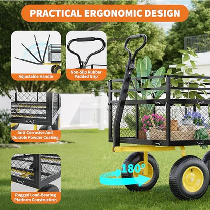 3-in-1 Heavy-Duty Steel Garden Cart, 1400 Lbs Garden Wagon, with 13 Inch All-Terrain Tires and Removable Mesh Side Panels, 180° Rotating Handle, Metal Multi-Function Carts, Outdoor Gardens Wagon Cart - color: Black + Yellow, size: 1400 Lb