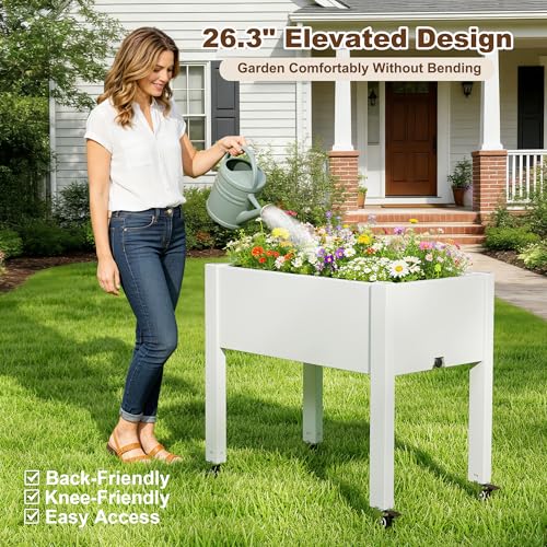 Raised Garden Bed with Wheels, Resin Elevated Planter Box, Ashen - color: Ashen, size: 26.3" H