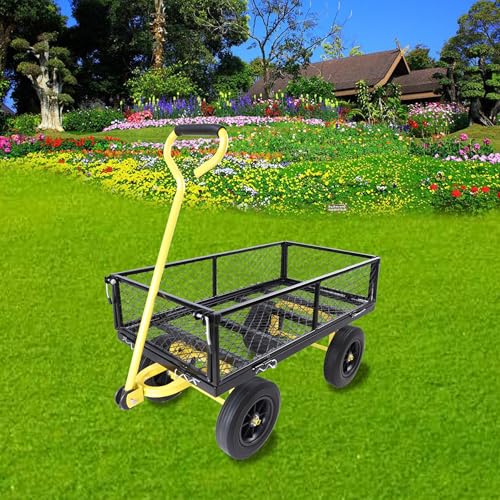 Suncast Wagon with Removable Sides- Farm, Warehouse, Garden Dump Cart- Solid PU Wheels (Yellow+Black) - color: Yellow+black Solid Wheels