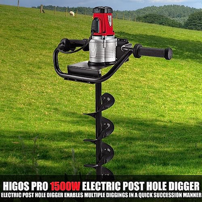 1500W Electric Post Hole Digger 6" & 4" Bits with Bag, Red - color: Red