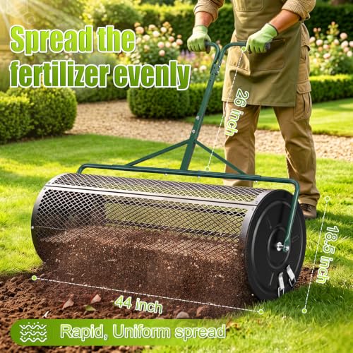High-Capacity Metal Mesh Drum Compost Spreader with Side-Lock Peat Moss Spreader Ideal for Lawn and Garden Maintenance, Meeting Seeding and Fertilizing Needs for Farms and Vegetable Gardens. (44 inch) - size: 44 inch
