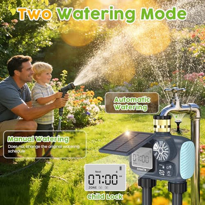 Solar Sprinkler Timer,2 Zone Brass Inlet Water Timer for Garden Hose
