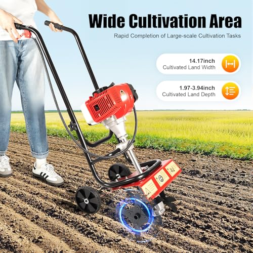 52CC 1900W Gas Powered Tiller, 2-Stroke Mini Hand Tiller with 14.17in Width, 6500-7000RPM Garden Cultivator for Soil Cultivation, Weed Removal, Small Farm, Backyard, Rotary Tiller