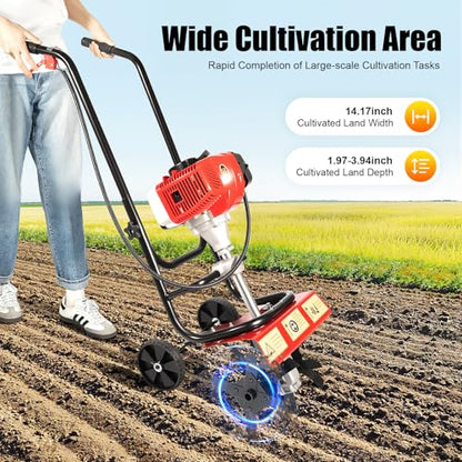 52CC 1900W Gas Powered Tiller, 2-Stroke Mini Hand Tiller with 14.17in Width, 6500-7000RPM Garden Cultivator for Soil Cultivation, Weed Removal, Small Farm, Backyard, Rotary Tiller
