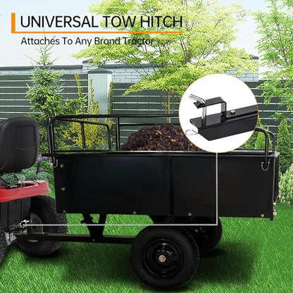 750 LBS Heavy‑Duty Dump Cart, 13.5 Cu.ft Steel Lawn Mower Trailer & Garden Trailer, Quick‑Release Dumping ATV Dump Trailer & Garden Utility Cart for Yard Work, Landscaping, Farm & Lawn Mower Towing