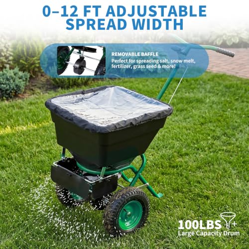 Push Lawn Spreader with 100lb Large Capacity, 12ft Broadcast Width