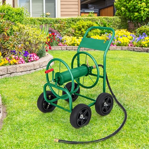 Goplus Garden Hose Reel Cart, Heavy Duty Water Planting Cart w/Non-slip Crank Handle, 4 Solid Wheels, Outdoor Hose Reel Holds 330FT of 3/4", 5/8” & 400FT of 1/2" Hose for Garden Yard Lawn Farm (Green)