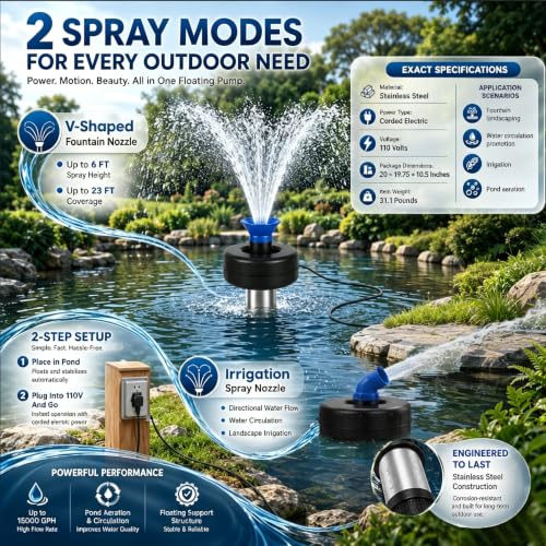 1HP Farm Pond Fountain Pump 15000 GPH with Timer, 100FT Cord