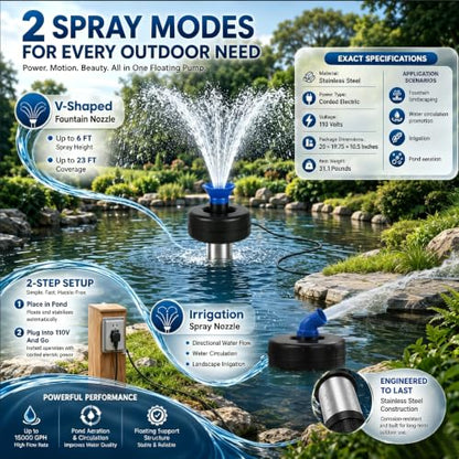 1HP Farm Pond Fountain Pump 15000 GPH with Timer, 100FT Cord