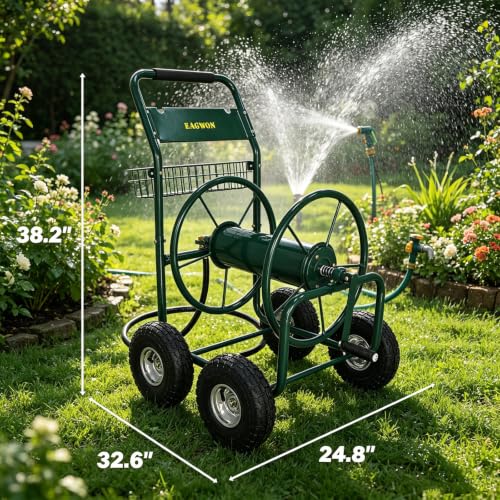 Upgrade Hose Reel Cart, 4-Wheel Heavy Duty Steel Garden Hose Cart, Holds Up to 300 ft 5/8'' Hose, with Hose Guide & Storage Basket, Portable Water Reel for Yard, Lawn & Outdoor Use