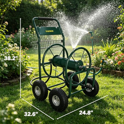 Upgrade Hose Reel Cart, 4-Wheel Heavy Duty Steel Garden Hose Cart, Holds Up to 300 ft 5/8'' Hose, with Hose Guide & Storage Basket, Portable Water Reel for Yard, Lawn & Outdoor Use