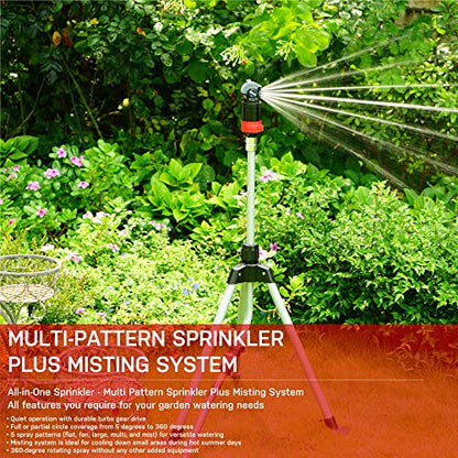 Eden 94150 Multi-Pattern Turbo Gear Drive Metal Tripod Sprinkler Plus One-Direction Misting System w/Quick Connect Starter Kit, 360 Degree Coverage - style: Upgraded Tripod