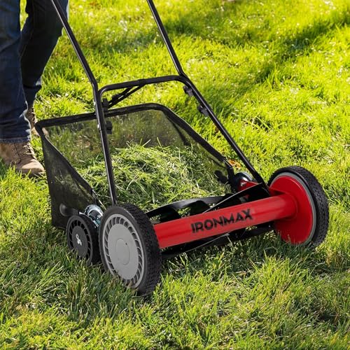 IRONMAX 18 Inch 5-Blade Push Reel Mower, Removable Grass Catcher, Red - color: Red, size: 18 Inch