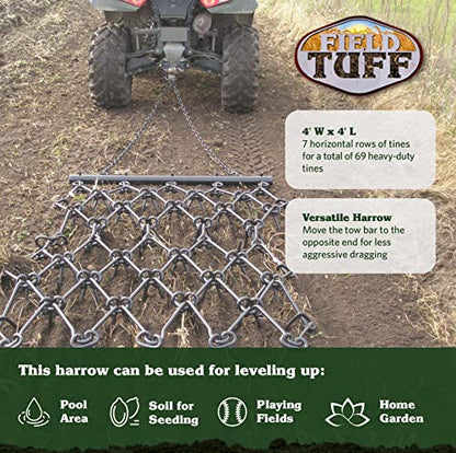 Field Tuff 4 Foot Heavy Duty Steel Durable Chain Rake Field Leveling Drag Harrow Hook Up to ATV, UTV and Utility Tractor, Black - size: 4x4 Foot