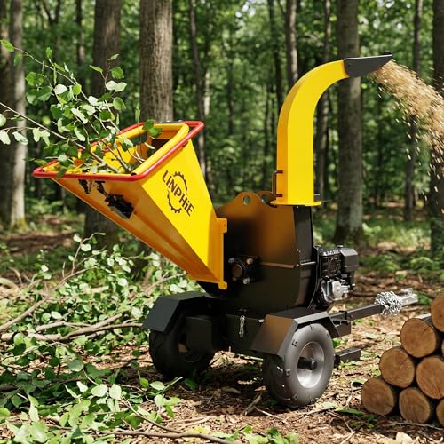 Wood Chipper 420cc 15 HP Gas Powered Engine Wood Chipper Shredder Mulcher with E-Strat 4Wheels Towbar Tail Light Emergency Stop Switch (5'' Yellow) - size: 5'' Yellow