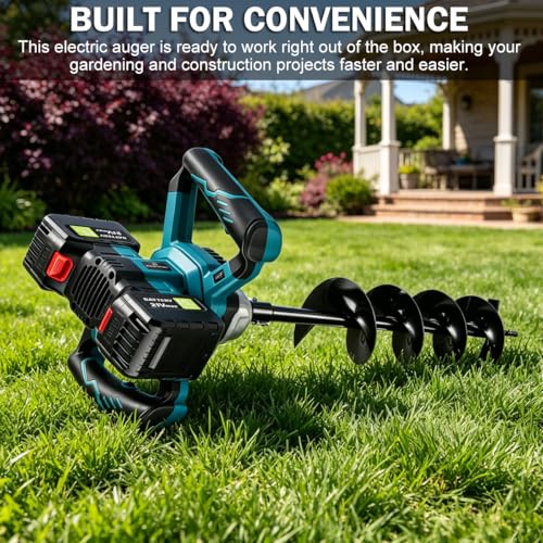Auger Post Hole Digger,Post Hole Auger,Electric Earth Auger,Includes 2 Drill bit.Two Batteries and Dual-Port Fast Charger,Forward/Reverse Function,for Post Hole Digging,Drilling,Tree Planting - size: 4″+ 6″