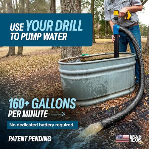 Drill-Powered Stick Water Transfer Pump 160 GPM, Anti-Clog, 6 FT Hose Included, Made in USA, TEMCo Industrial TH1712
