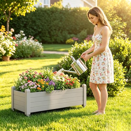Raised Garden Bed with Wheels, Rolling Resin Planter Box, Ashen - color: Ashen, size: 13.3" H