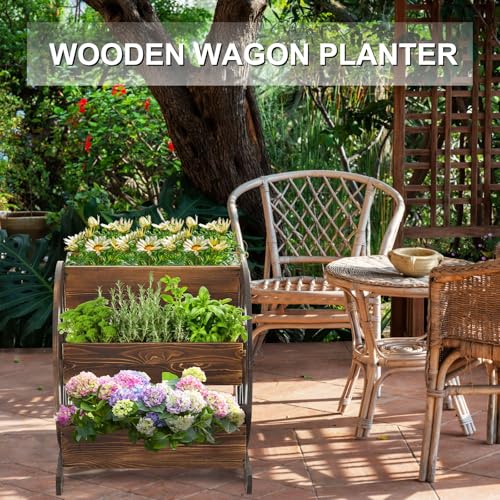 Beeveer 3 Tier Wooden Wagon Planter Box 24" x 24.5" x 22.5" Garden Planter for Outside Wood Planter Box with Drainage Holes Decorative Planters for Patio Garden Balcony Vegetables Flowers Herbs - style: Classic Brown