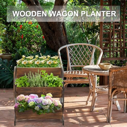 Beeveer 3 Tier Wooden Wagon Planter Box 24" x 24.5" x 22.5" Garden Planter for Outside Wood Planter Box with Drainage Holes Decorative Planters for Patio Garden Balcony Vegetables Flowers Herbs - style: Classic Brown