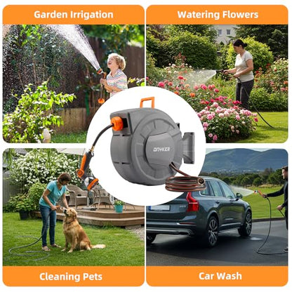 Retractable Garden Hose Reel, 1/2 inch x 65 ft Water Hose Reel Wall Mounted, Any Length Lock, Slow Auto-Rewind, 180°Swivel Bracket & 10 Pattern Nozzle - size: 1/2'' 65FT