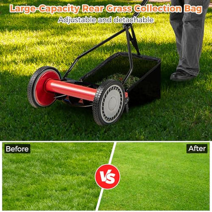 Push Lawn Mower, 14" Manual Rear Mower with 5 Steel Blades, Adjustable Cutting Heights & Grass Catcher Bag, Walk-Behind Grass Cutter Lawn Sweeper for Garden, Park & Yard (Red) - color: Red, size: 14"