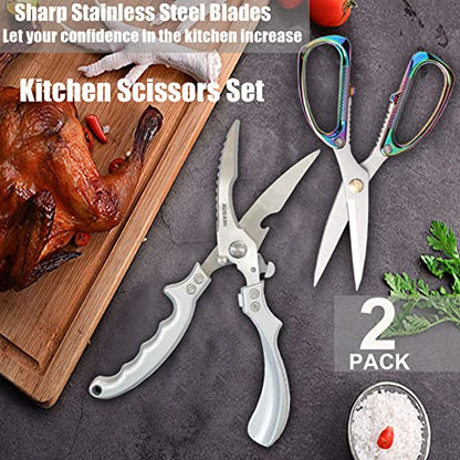 2-Piece Kitchen Shears Set, Heavy Duty Professional Poultry Meat Scissors,Multi-Purpose Stainless Steel, Dishwasher Safe - color: Silver+rainbow