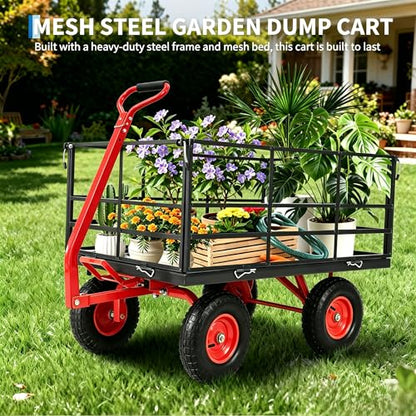 1500 Lbs Steel Garden Dump Cart, 4-in-1 Garden ATV Trailer with 13 Inch Tires and Removable Mesh Side Panels, Metal Utility Yard Trailer with 180° Swivel Handle for Gardening Soil, Tools, Plant - size: 1500 Lbs Dump