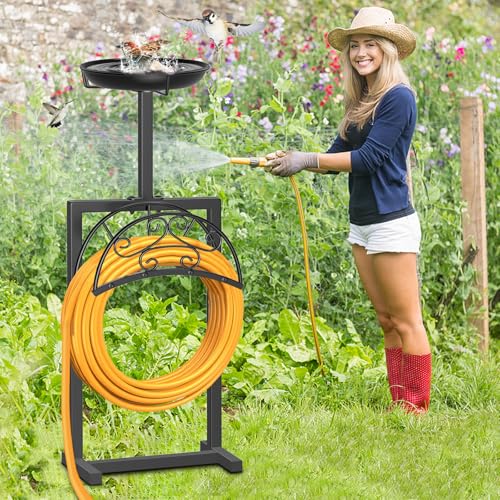 Garden Hose Holder Hanger Freestanding, Upgraded 4 Spikes Heavy Duty Storage Reel Stand with Bird Feeder Bowl, Holds 150ft Hose for Outside Garden Yard Lawn Vegetable Patch - style: Floral With bird feeder