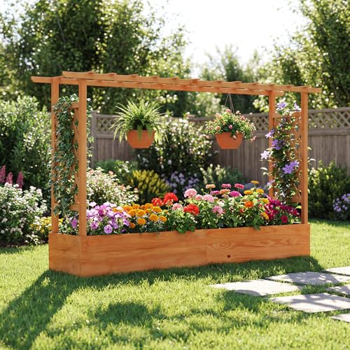 GIANTEX Raised Garden Bed with Trellis & Hanging Roof, Wood Planter Box with Bottom and Drainage Holes, Freestanding Garden Planter for Flower Vegetable Fruit Herb Climbing Vines (79" x 17.5" x 45") - size: 77"x14.5"x45"