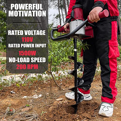 JACKCHEN 1500W Electric Post-Hole Digger with 6-Inch Auger Bit, Earth Auger Drill, Auger Bit Earth Auger, Ideal for Post Hole Digging, Drilling, Tree Planting, Red - color: Red, style: 1500W+6"Auger Drill, Red