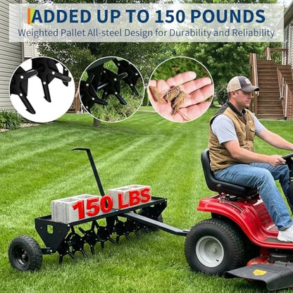 48-Inch Heavy Duty Tow Behind Plug Aerator - Universal Hitch for Lawn Tractors & ATVs, 3-Inch Deep Aeration with 150lb Weight Tray for Lawn, Farm, Garden and Yard Care