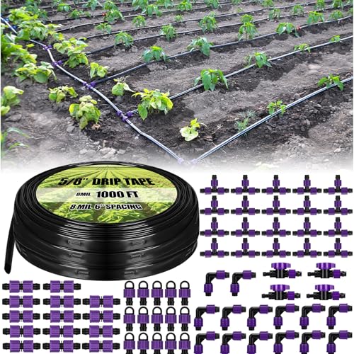 Tondiamo 1000' 5/8 Inch Drip Tape Irrigation Tubing Kit 8 Mil 6" Spacing Garden Hose Watering Tube Line Automatic Equipment for Garden Irrigation System Farms, Landscape, Lawn - size: 1000', 8 Mil