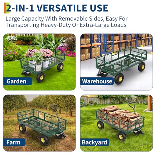 Garvee 900 lbs Steel Garden Dump Cart with Removable Sides, Convert to Flatbed, Heavy Duty Yard Cart with 180°Rotating Handle & 10" All Terrain Wheels, Utility Dump Wagon for Lawn Farm Backyard - color: Green