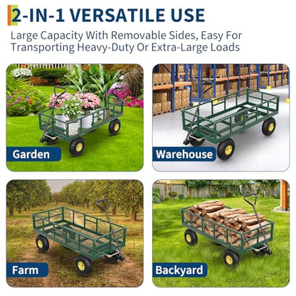 Garvee 900 lbs Steel Garden Dump Cart with Removable Sides, Convert to Flatbed, Heavy Duty Yard Cart with 180°Rotating Handle & 10" All Terrain Wheels, Utility Dump Wagon for Lawn Farm Backyard - color: Green