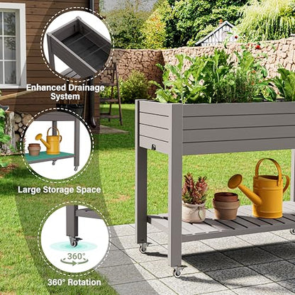 Raised Garden Bed with Shelf, Rolling Resin Planter Box, Gray - color: Gray, size: 33.7" H
