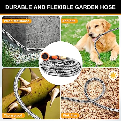 Metal Garden Hose 25ft Copper Bullet, Heavy Duty Stainless Steel Water Hose with 10 Function Sprayer Nozzle, Leaf-Proof Kink Free Lightweight for Outdoor,Yard,Lawn,Patio, Car - size: 25ft