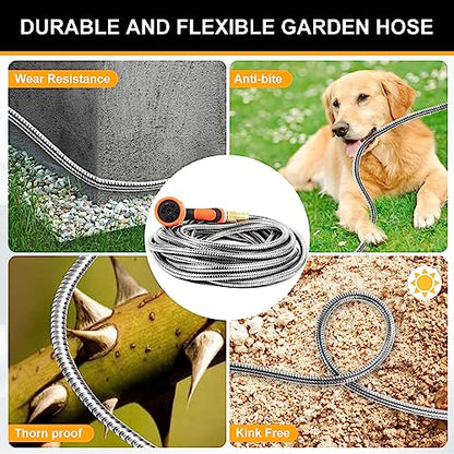 Metal Garden Hose 25ft Copper Bullet, Heavy Duty Stainless Steel Water Hose with 10 Function Sprayer Nozzle, Leaf-Proof Kink Free Lightweight for Outdoor,Yard,Lawn,Patio, Car - size: 25ft