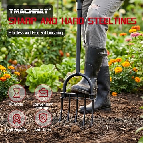 Garden Fork, Pitchforks for Digging Composting Spading, Long Hand Tiller & Cultivator - 5 Tine, 45 inches