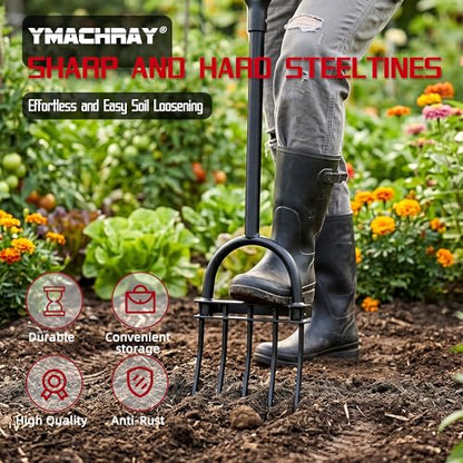 Garden Fork, Pitchforks for Digging Composting Spading, Long Hand Tiller & Cultivator - 5 Tine, 45 inches