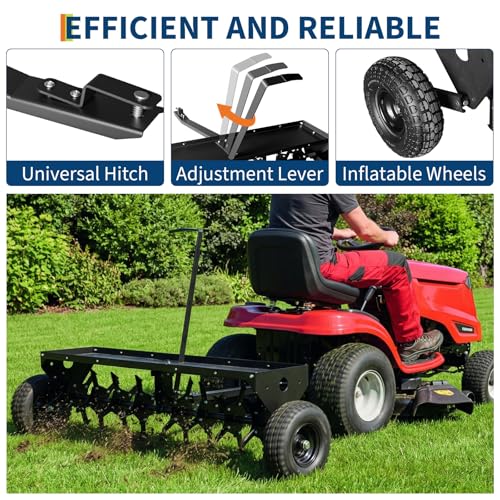 48-Inch Heavy Duty Tow Behind Plug Aerator - Universal Hitch for Lawn Tractors & ATVs, 3-Inch Deep Aeration with 150lb Weight Tray for Lawn, Farm, Garden and Yard Care
