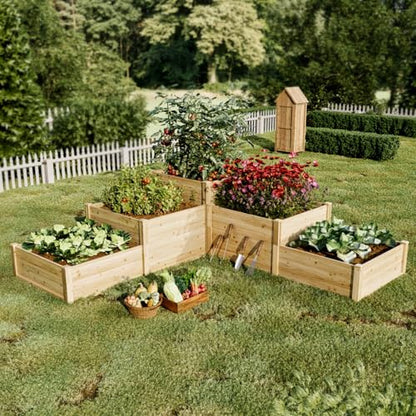 SPECRAFT Raised Garden Bed 3-Tier Outdoor Planter Box, Fir Wood with Dividers, Shape Adjustable, Tool-Free Assembly, Ideal for Growing Vegetables, Herbs & Flowers