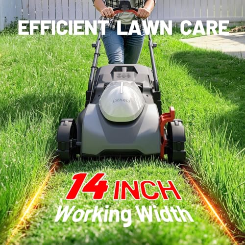 Litheli Lawn Mower Cordless 14 in, Grass Cutter Machine for 2800 Sq. Ft, Lawnmower with Brushless Motor, Cutting Height from 1 in to 2.5 in, Includes 1 * 5.0 Ah Battery and Charger - size: 14 Inch(1x5.0Ah & Charger)